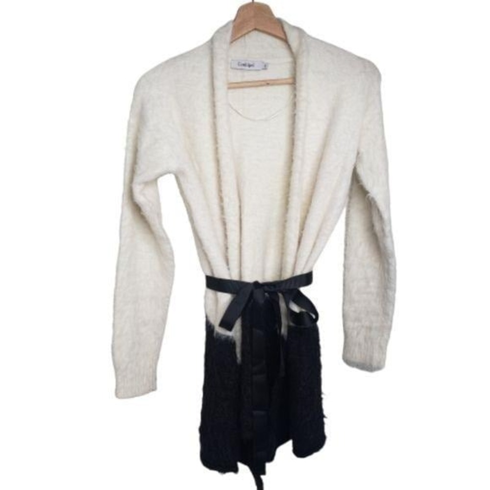 Conbipel Cardigan Womens S Cream‎ Black Colorblock Belted Fuzzy Knit Long Sleeve